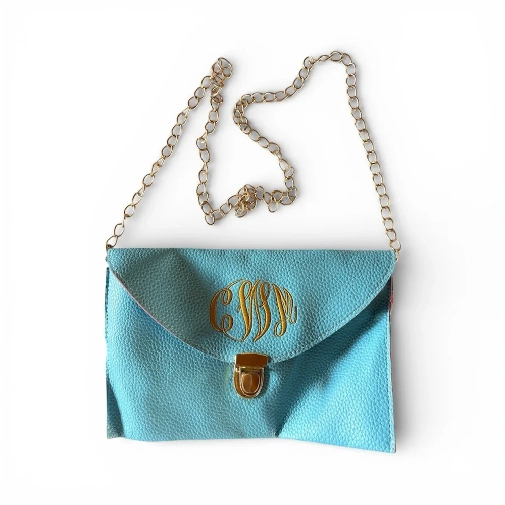 Light Blue Monogrammed Marley Lilly Elegant Blue Removable Chain Clutch Purse